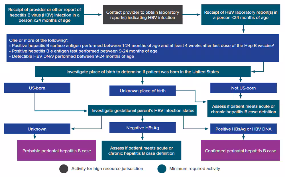 Figure 3-4 illustrates an approach for perinatal hepatitis B case ascertainment and classification. The flow chart begins with receipt of a provider report, laboratory report, or other report indicating hepatitis B virus infection in an infant or child 24 months of age or younger and walks through follow-up and case classification decisions based on available information. Recommended follow-up activities are color-coded based on if they are minimumly required or are high resource.