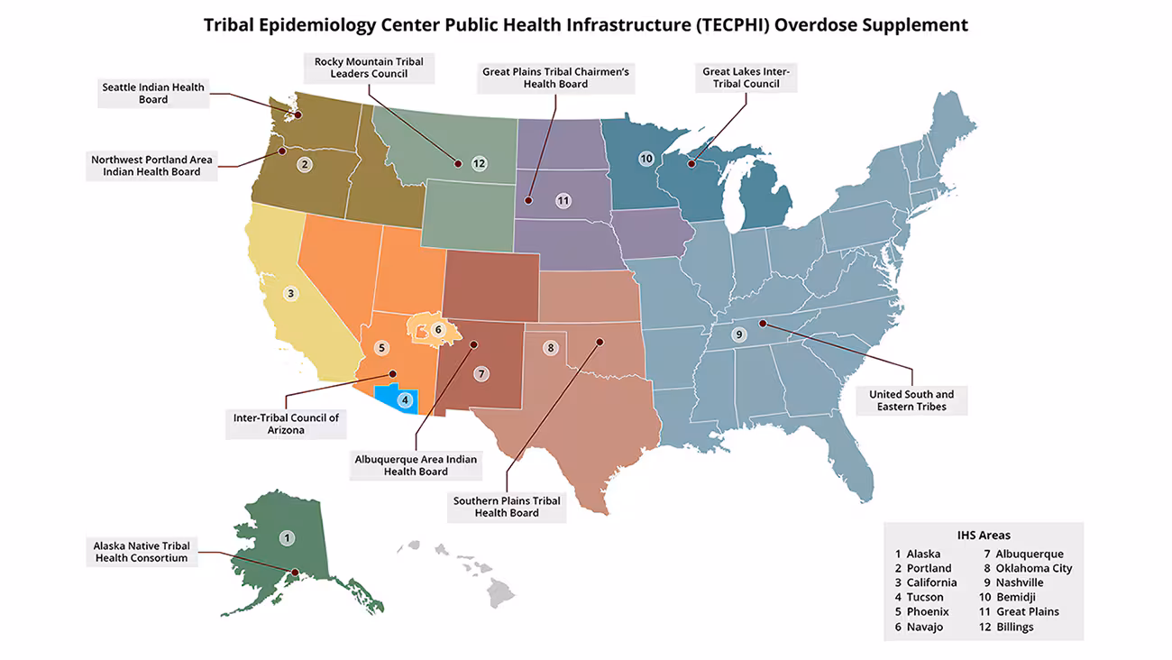 TECPHI partner map Map of Tribal Epidemiology Center Public Health Infrastructure (TECPHI) Overdose Supplement partners
