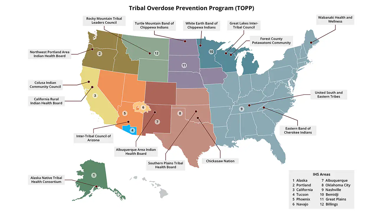 TOPP partner map Map of Tribal Overdose Prevention Program (TOPP) partners