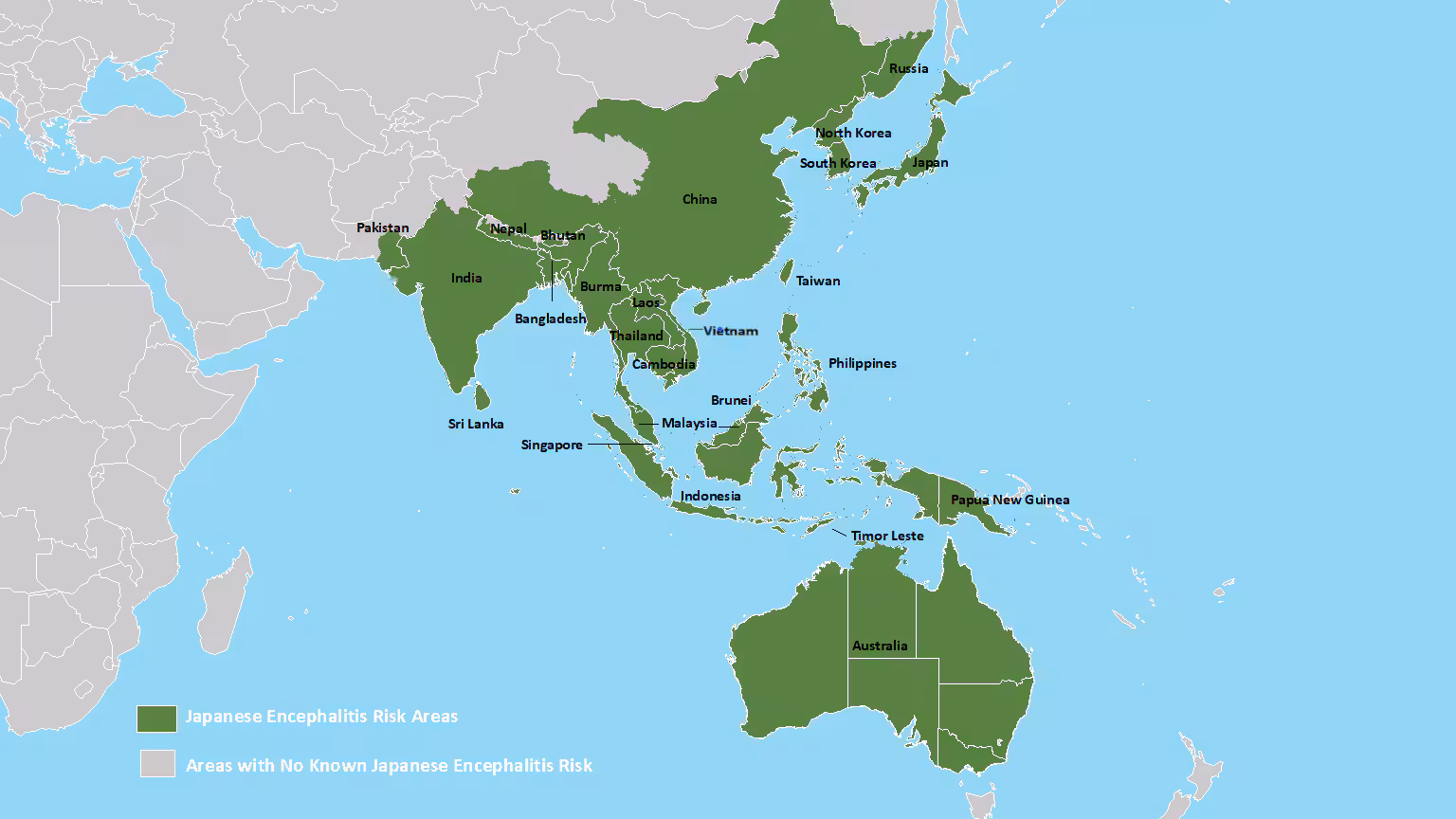 Map of countries in Asia and the western Pacific in which Japanese encephalitis virus has been identified.