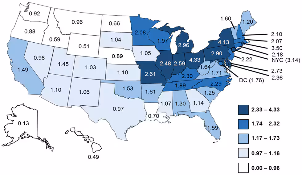 Figure 3a: Crude incidence rates of reported confirmed cases of Legionnaires’ disease by jurisdiction of residence—NNDSS, United States, 2016. Figure 3a: Crude incidence rates of reported confirmed cases of Legionnaires’ disease by jurisdiction of residence—NNDSS, United States, 2016.