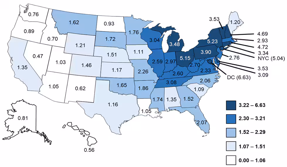 Figure 3b: Crude incidence rates of reported confirmed cases of Legionnaires’ disease by jurisdiction of residence—NNDSS, United States, 2017. Figure 3b: Crude incidence rates of reported confirmed cases of Legionnaires’ disease by jurisdiction of residence—NNDSS, United States, 2017.