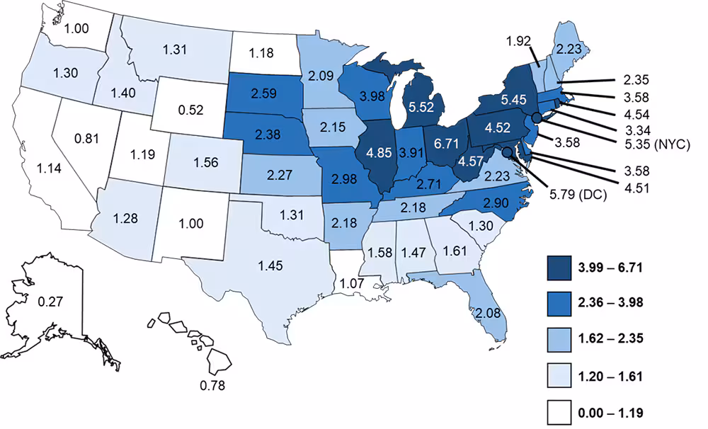 Figure 3b. Crude incidence rates of reported confirmed cases of Legionnaires’ disease by jurisdiction of residence—NNDSS, United States, 2019