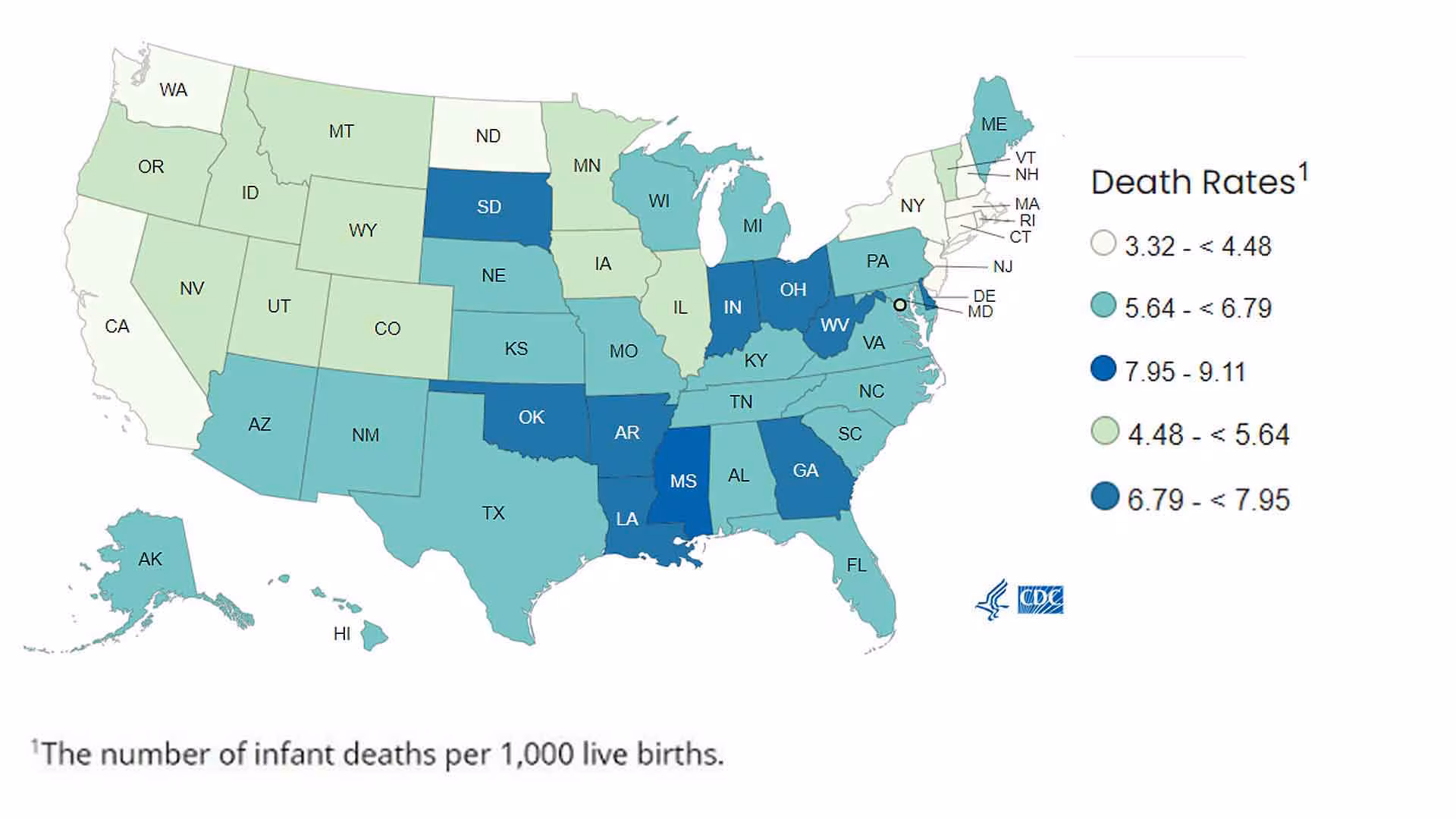 Infant mortality rates by state, 2022 Geographically, infant mortality rates in 2022 were highest among states in the South, and in the Midwest.