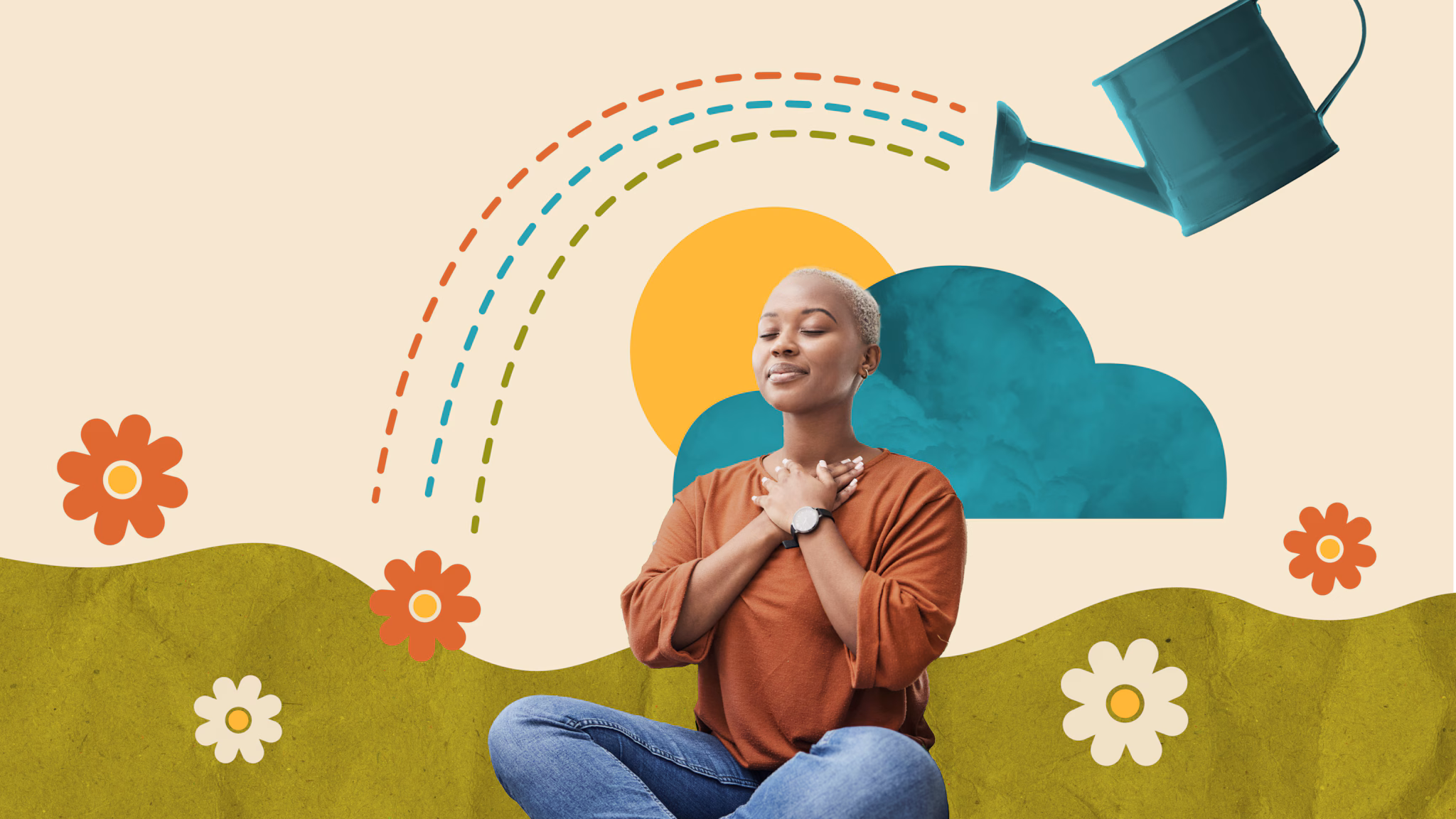 A woman sitting in a garden, eyes closed, hands folded across her chest. Above her, a watering can is pouring a rainbow.