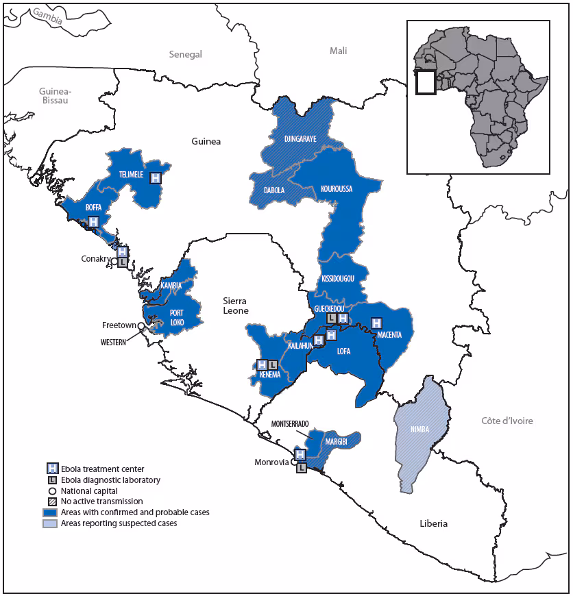 The figure above is a map of West Africa, showing the wide geographic spread of cases of Ebola viral disease during the ongoing outbreak. As of June 18, 2014, a total of 528 cases, including 337 deaths, had been reported from Guinea, Liberia, and Sierra Leone.