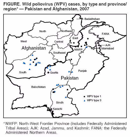 FIGURE. Wild poliovirus (WPV) cases, by type and province/
region* — Pakistan and Afghanistan, 2007