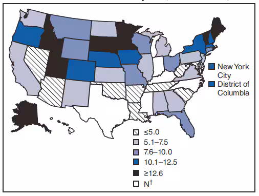 The figure shows incidence of giardiasis per 100,000 population by state. Incidence of giardiasis was highest in northern states.