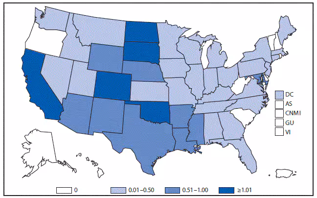 m6453a1f5 This figure is a map of the United States that presents the incidence of reported cases per 100,000 population of West Nile virus neuroinvasive disease in each state in 2015.