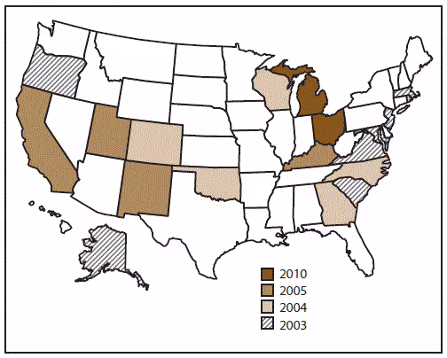 ss6510a1f.gif Outline map of the United States shows states participating in the National Violent Death Reporting system by year of initial data collection for the years 2003–2013. In 2003, Alaska, Maryland, Massachusetts, New Jersey, Oregon, South Carolina, and Virginia began data collection. In 2004, Colorado, Georgia, North Carolina, Oklahoma, Rhode Island, and Wisconsin began data collection. In 2005, California, Kentucky, New Mexico, and Utah began data collection. In 2010, Ohio and Michigan began data collection. California concluded participation in 2009 and Michigan did not collect data statewide during 2013.