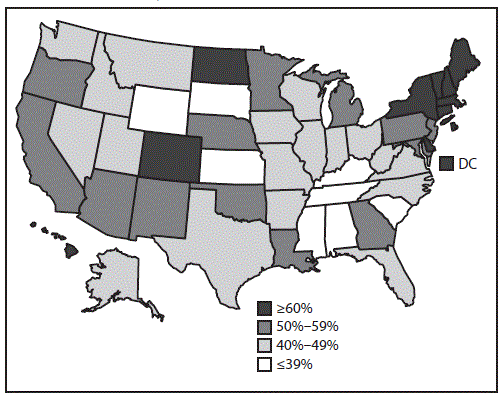 m6533a4f2.gif The figure above is a map of the United States showing estimated vaccination coverage with ≥1 dose of HPV vaccine among male adolescents aged 13–17 years during 2015.