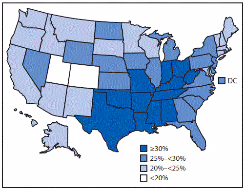 m6536a3f1.gif The figure above is a map of the United States showing the prevalence of self-reported physical inactivity among adults aged ≥50 years during 2014.