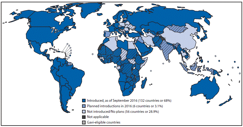 m6541a3f1.gif The figure above is a map of the world showing countries with current or planned use of pneumococcal conjugate vaccine in the national immunization program, as of September 2016.