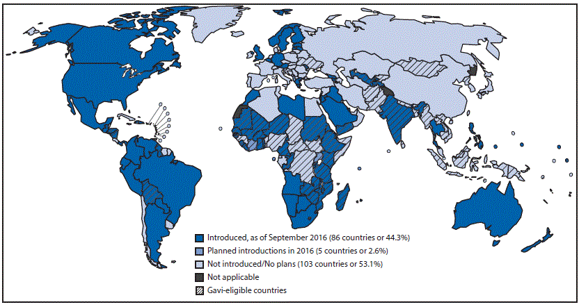 m6541a3f2.gif The figure above is a map of the world showing countries with current or planned use of rotavirus vaccine in the national immunization program, as of September 2016.