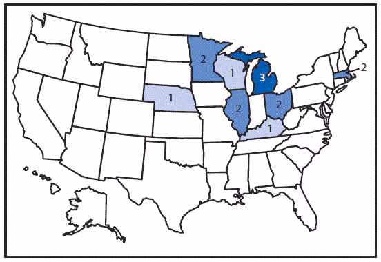 m655051a3f1.gif The figure above is a map of the United States showing the number of persons (n = 14) infected with the outbreak strain of Salmonella Oslo, during March 2–April 9, 2016.