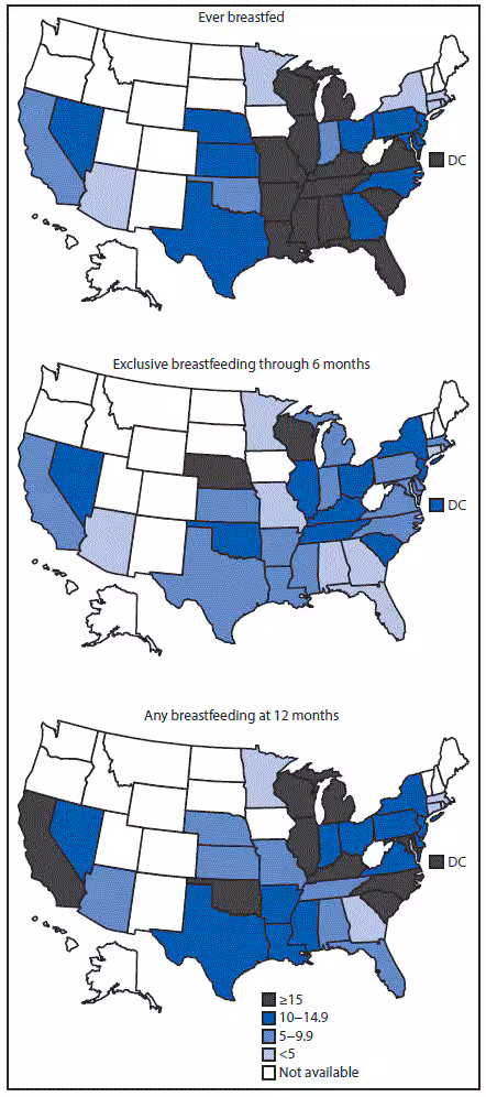 m6627a3f The figure above is a series of three maps of the United States showing the percentage point difference in breastfeeding indicators between non-Hispanic white and non-Hispanic black infants on the National Immunization Survey during 2011–2015.