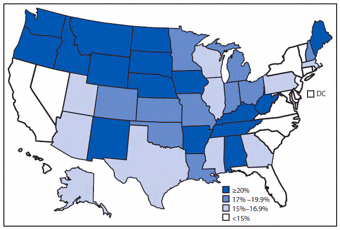 mm6650a7-F The figure above is a map showing that overall, 15.9%26#37; of U.S. adults aged ≥18 years had any hearing loss during 2014–2016. The prevalence of any hearing loss was lowest in New Jersey (10.6%26#37;), Connecticut (11.0%26#37;), Maryland (11.0%26#37;), California (12.3%26#37;), New York (12.6%26#37;), and the District of Columbia (8.6%26#37;). The prevalence of any hearing loss was highest in West Virginia (24.7%26#37;), Oregon (24.6%26#37;), Montana (23.8%26#37;), Idaho (23.1%26#37;), and Wyoming (22.3%26#37;).