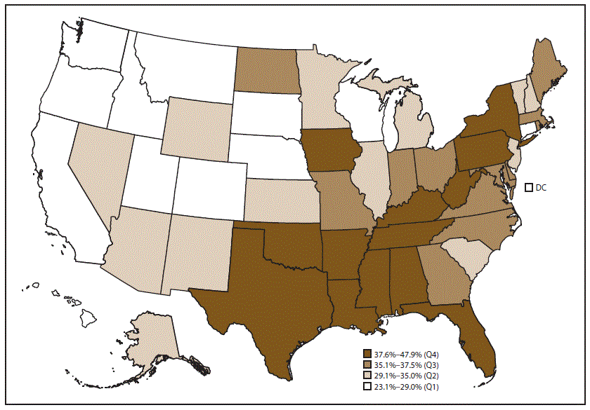 ss6704a1-F2 Map of the United States indicates the prevalence of physical inactivity among adults aged 18 years and older with arthritis, by state. The data source is the 2015 Behavioral Risk Factor Surveillance System.