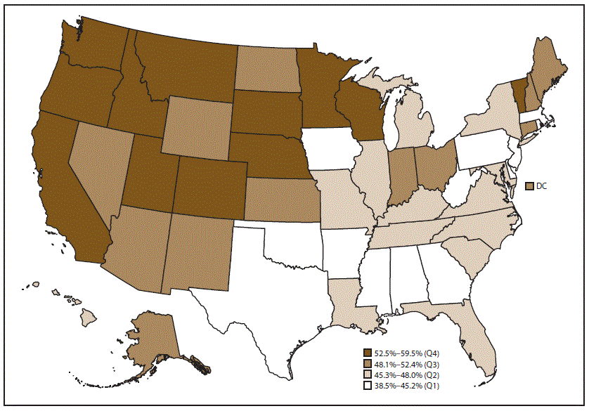 ss6704a1-F3 Map of the United States indicates the prevalence of walking among adults aged 18 years and older with arthritis, by state. The data source is the 2015 Behavioral Risk Factor Surveillance System.