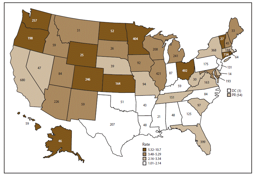 ss6710a1-F2 The figure above is a map of the United States showing the rate of foodborne disease outbreaks per 1 million population and the number of outbreaks, by state, for 2009–2015 as reported to CDC’s Foodborne Disease Outbreak Surveillance System.