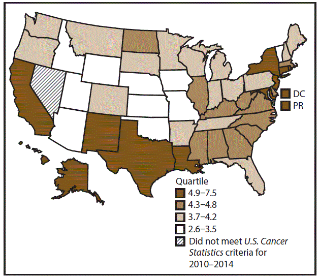 ss6712a1-F10 This figure is a U.S. map showing the incidence rates for female stomach cancer for 2010–2014.