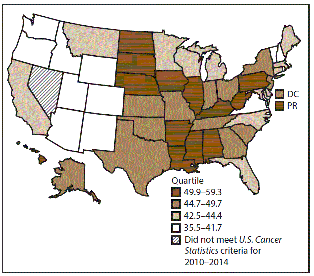 ss6712a1-F11 This figure is a U.S. map showing the incidence rates for male colon and rectal cancers for 2010–2014.