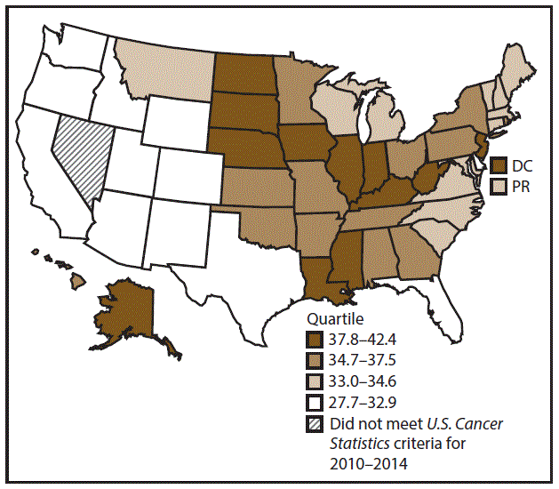 ss6712a1-F12 This figure is a U.S. map showing the incidence rates for female colon and rectal cancers for 2010–2014.