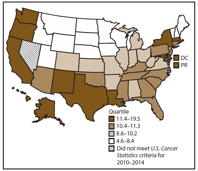 ss6712a1-F13 This figure is a U.S. map showing the incidence rates for male liver cancer for 2010–2014.