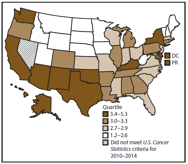 ss6712a1-F14 This figure is a U.S. map showing the incidence rates for female liver cancer for 2010–2014.