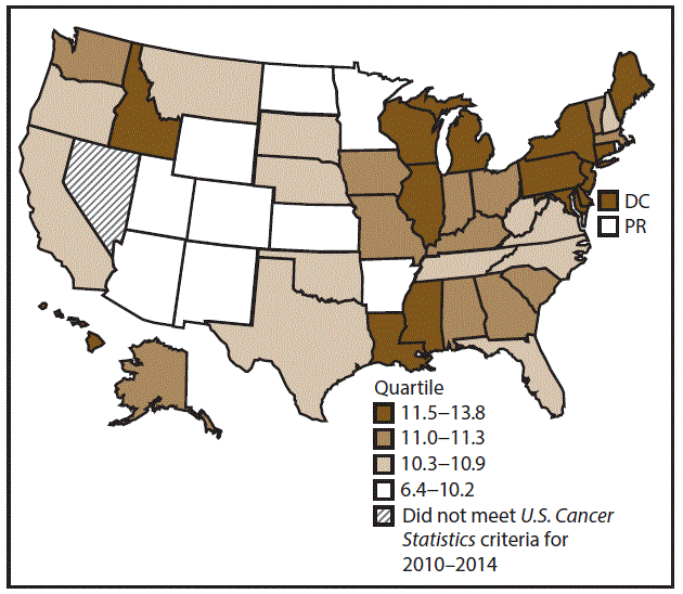 ss6712a1-F16 This figure is a U.S. map showing the incidence rates for female pancreatic cancer for 2010–2014.
