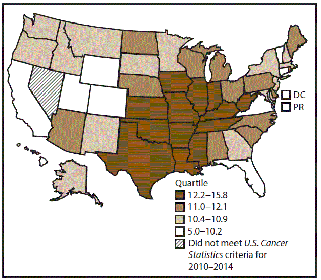 ss6712a1-F18 This figure is a U.S. map showing the incidence rates for female renal and pelvis cancers for 2010–2014.