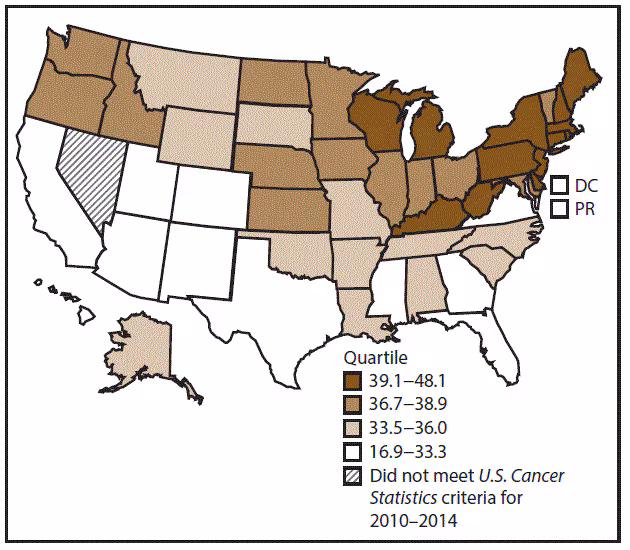 ss6712a1-F19 This figure is a U.S. map showing the incidence rates for male urinary bladder cancer for 2010–2014.