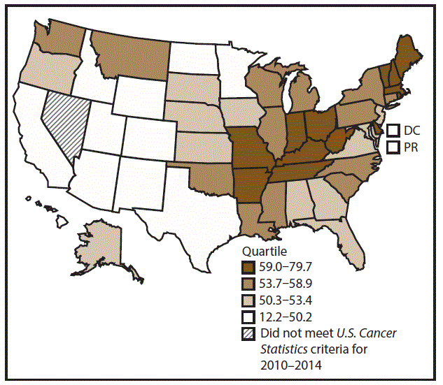 ss6712a1-F2 This figure is a U.S. map showing the incidence rates for female lung, bronchial, and tracheal cancers for 2010–2014.