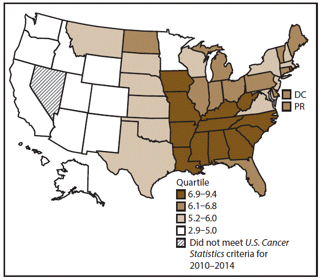 ss6712a1-F3 This figure is a U.S. map showing the incidence rates for male laryngeal cancer for 2010–2014.