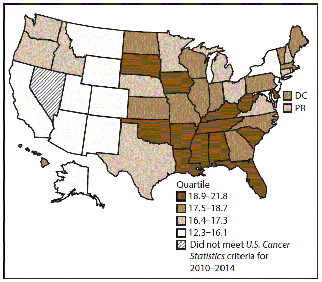ss6712a1-F5 This figure is a U.S. map showing the incidence rates for male oral cavity and pharyngeal cancers for 2010–2014.