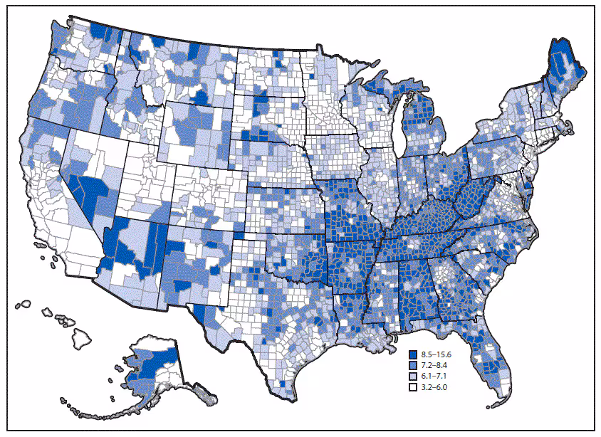 mm6707a1-F The figure above is a U.S. map showing the unadjusted prevalence of diagnosed chronic obstructive pulmonary disease among adults aged ≥18 years, by county, in 2015.
