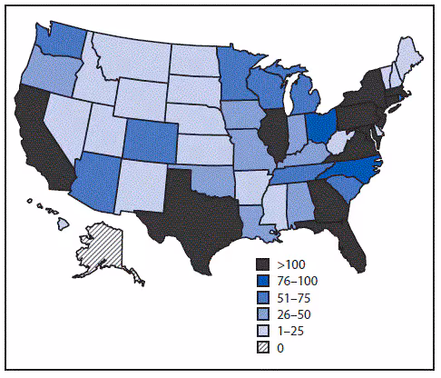 mm6709a1-F2 The figure above is a map showing the number of confirmed and probable Zika virus disease cases, by state of residence, in 50 U.S. states and the District of Columbia during January 1–December 31, 2016.