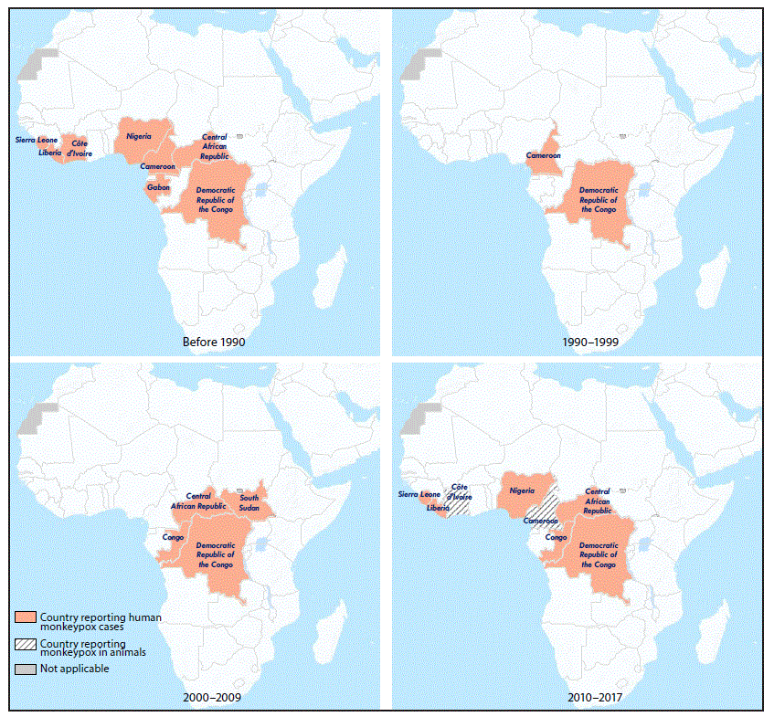 mm6710a5-F The figure above is a series of maps of Africa showing the countries in West and Central Africa reporting monkeypox cases in human and animals during 1970–2017, current as of February 25, 2018.