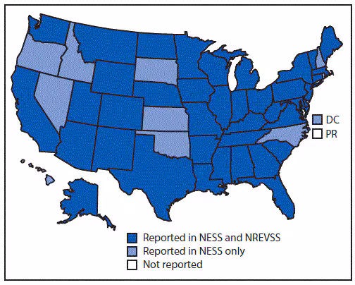 mm6718a2-F1 The figure above is a map of the United States showing the states from which enterovirus-positive or parechovirus-positive results were reported, by surveillance system (National Enterovirus Surveillance System or National Respiratory and Enteric Virus Surveillance System) during 2014–2016.
