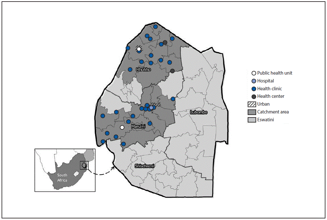 mm6723a3-F1 The figure above is a map of Eswatini showing CommLink catchment areas and referral human immunodeficiency virus–care facilities located in Eswatini during June 2015–March 2017.