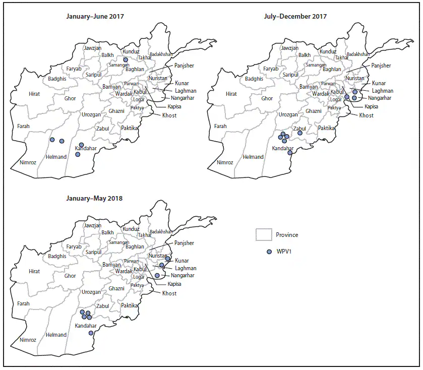 mm6730a6-F2 The figure above is a map of Afghanistan showing the location of wild poliovirus 1 cases by province during January 2014–May 2018.