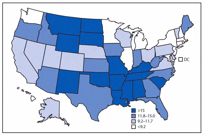 mm6731a4-F The figure above is a U.S. map showing age-adjusted death rates per 100,000 standard population for motor vehicle traffic injury in 2016. The highest age-adjusted death rates were in Mississippi (25.4), Alabama (23.3), and South Carolina (20.9). The lowest rates were in New York (5.3), Rhode Island (5.0), and the District of Columbia (4.5).