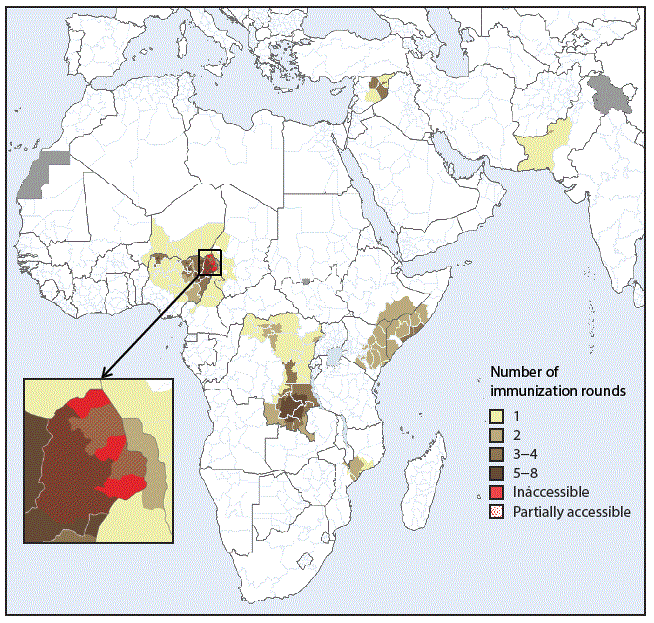 mm6735a5-F The figure above is a map showing areas where monovalent oral poliovirus vaccine type 2 has been used for prevention and control of circulating vaccine-derived poliovirus type 2 transmission, by number of immunization rounds during 2016–2018.