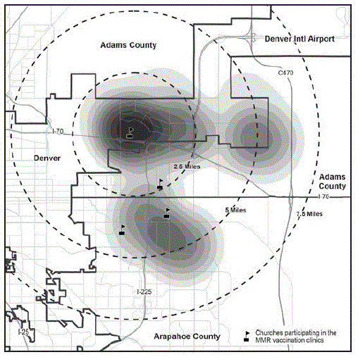 mm6741a2-F2 The figure is a map showing geographic density of an outbreak of mumps cases (n = 46) by geocoded residential address and location of measles-mumps-rubella vaccination clinics held during the public health response in Colorado during 2016–2017.