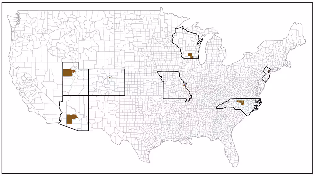 ss6802a1-F1 This figure is a map that shows the seven Early Autism and Developmental Disabilities Monitoring Network surveillance areas (counties in Wisconsin for 2010, 2012, and 2014; New Jersey for 2010, 2012, and 2014; Arizona for 2010, 2012, and 2014; Utah for 2010 and 2012; Colorado for 2014; Missouri for 2010, 2012, and 2014; and North Carolina for 2014).