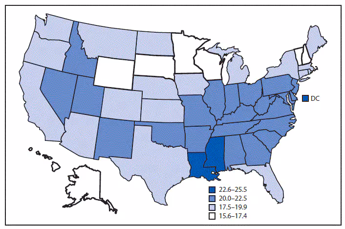mm6827a4-F The figure is a map of the United States showing the age-adjusted death rates from female breast cancer, by state, based on 2017 data from the National Vital Statistics System. In 2017, the overall age-adjusted death rate for female breast cancer was 19.9 per 100,000 population, and the highest death rates were in Mississippi, the District of Columbia, and Louisiana.