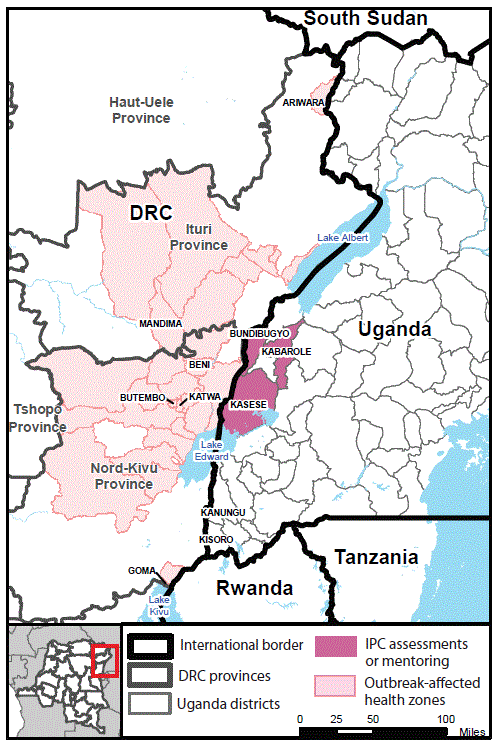 mm6839a4-F The figure is a map showing the location of Ebola virus disease outbreaks and frontline health care facilities conducting baseline infection prevention and control assessments at the Democratic Republic of the Congo–Uganda border region in 2018.