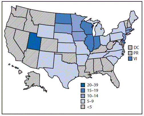 mm6849e1-F2 The figure is a U.S. map, showing the prevalence (cases per 1 million) of hospitalized or deceased cases of e-cigarette, or vaping, product use–associated lung injury during August–December 2019.