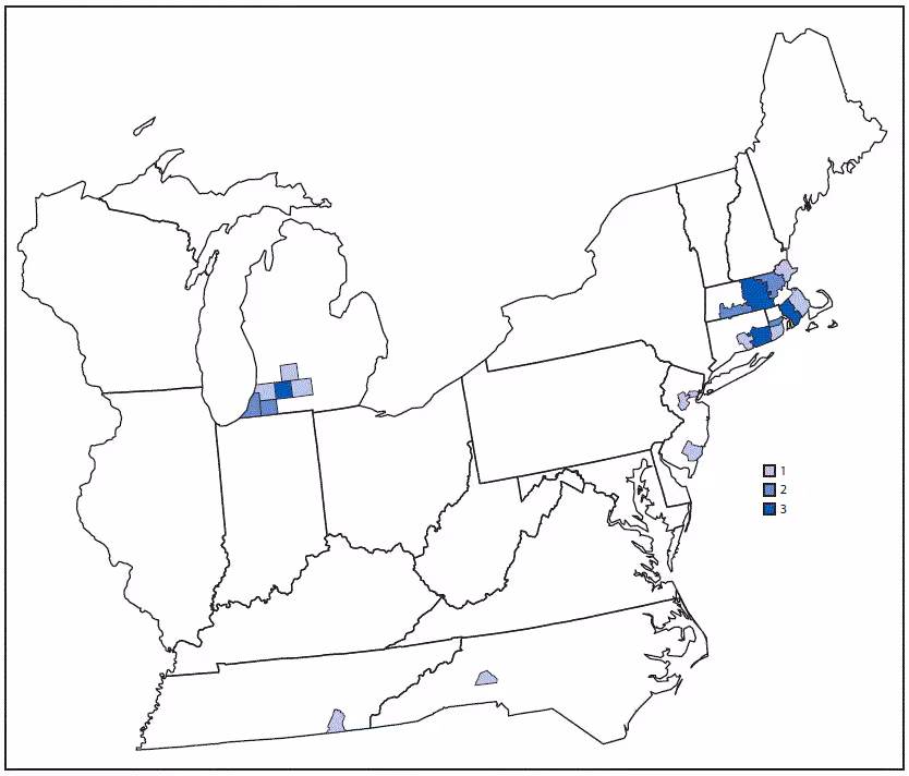 mm6902a4-F The figure is a map of the eastern United States showing the location, by county of residence, of the 34 cases of reported Eastern equine encephalitis virus disease in 2019.