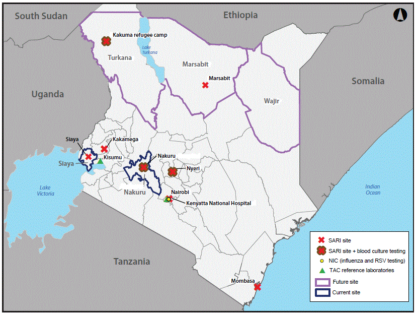 mm6918a2-F The figure is a map of Kenya showing the current and proposed sites that were implementing severe acute respiratory illness (SARI) and event-based surveillance as of April 2020, as part of the Detection and Response to Respiratory Events (DaRRE) strategy.